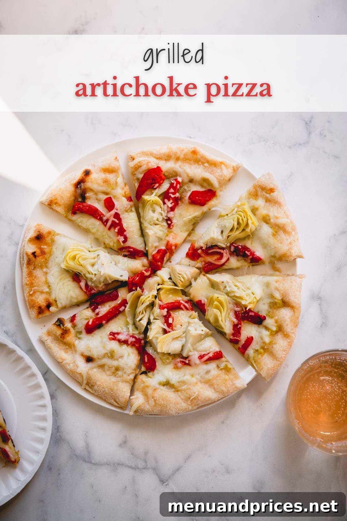 Enginarlı Izgara Pizza Sırları 7 A freshly grilled artichoke pizza, expertly sliced into wedges and arranged on a white plate for serving, highlighting its golden crust and melted cheese.