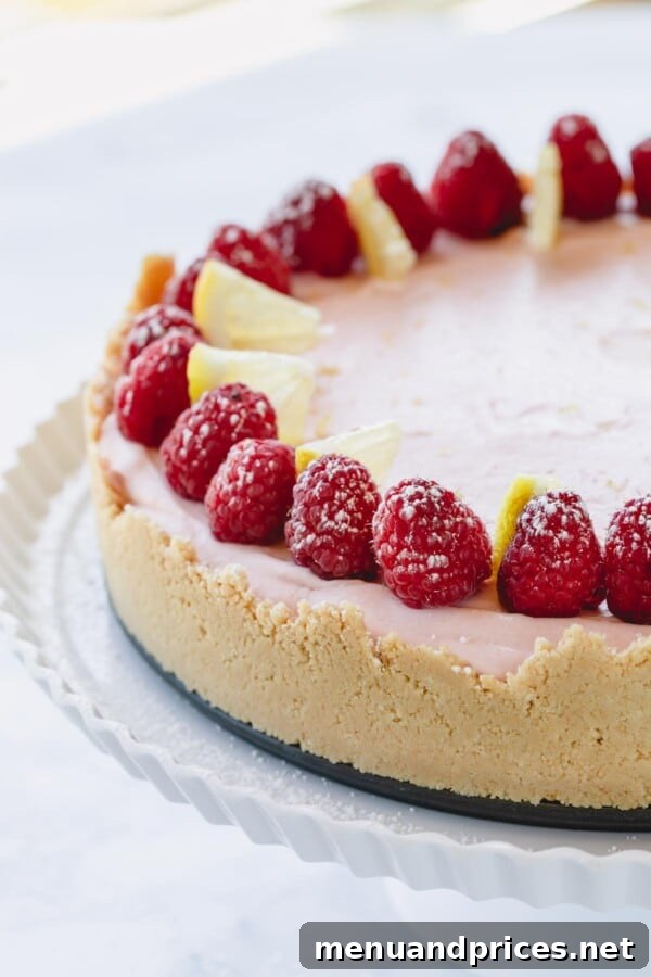 Zesty Berry No-Bake Cheesecake Bliss 2 A vibrant whole lemon raspberry no-bake cheesecake topped generously with fresh raspberries, presented on an elegant white serving platter, ready to be enjoyed.