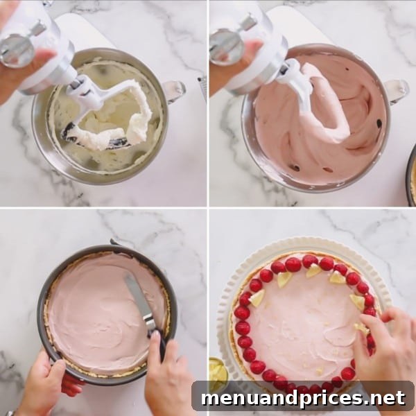 Zesty Berry No-Bake Cheesecake Bliss 6 Four step-by-step photos demonstrating the process of making the creamy lemon raspberry cheesecake filling, from mixing ingredients to pouring it over the crust.