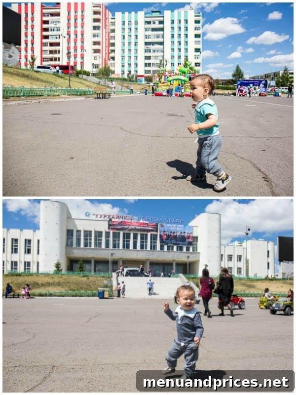 Grant's Inaugural Mongolian Expedition Part One 5 Baby Grant exploring the vibrant and clean streets of Erdenet, Mongolia, with buildings in background