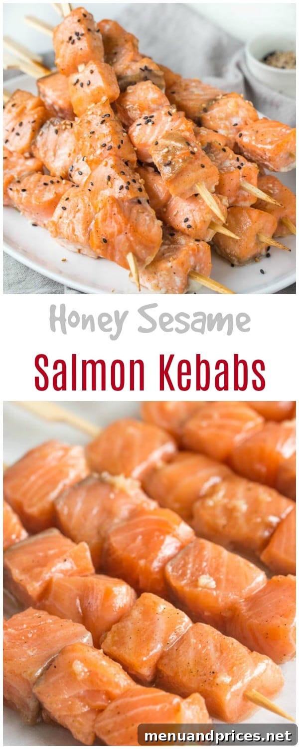 Quick and easy dinner recipe in less than 30 minutes: honey sesame salmon kebabs.