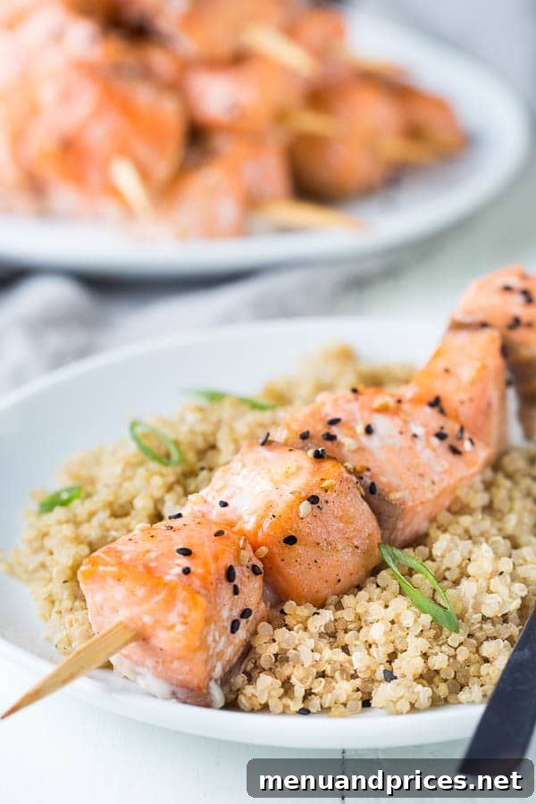Honey-Glazed Sesame Salmon Skewers 5 Tender juicy salmon bites infused with sweet and nutty flavors. A fun n' quick dinner made easy!