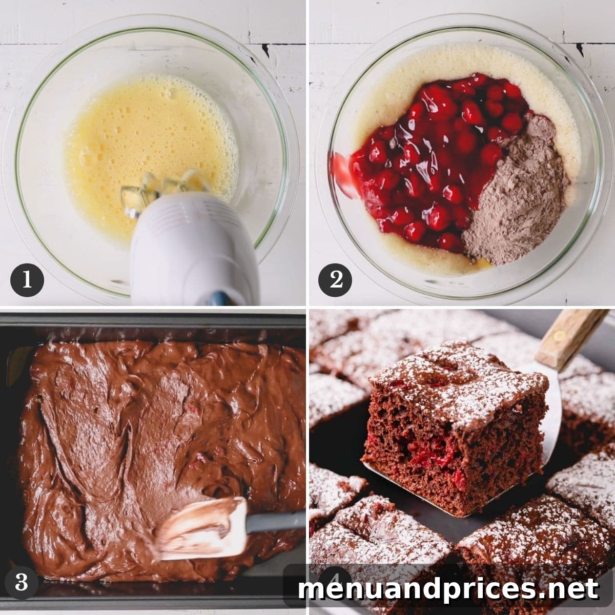 Effortless Chocolate Cherry Bliss 4 A series of step-by-step photographs illustrating the process of making a simple cherry chocolate cake, from mixing to baking.