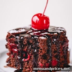 Chocolate cherry cake slice topped with chocolate fudge and maraschino cherry.