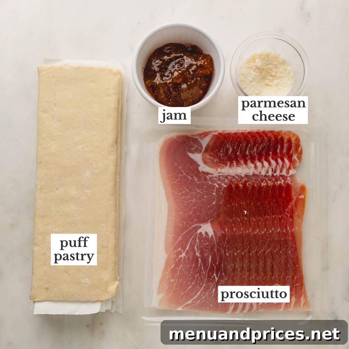Golden Savory Spirals 4 Puff pastry sheets, jam, parmesan cheese, and prosciutto to make savory puff pastry twists.