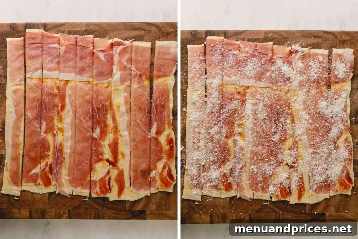 Golden Savory Spirals 6 Raw puff pastry strips layered with apricot jam, prosciutto, and parmesan cheese.