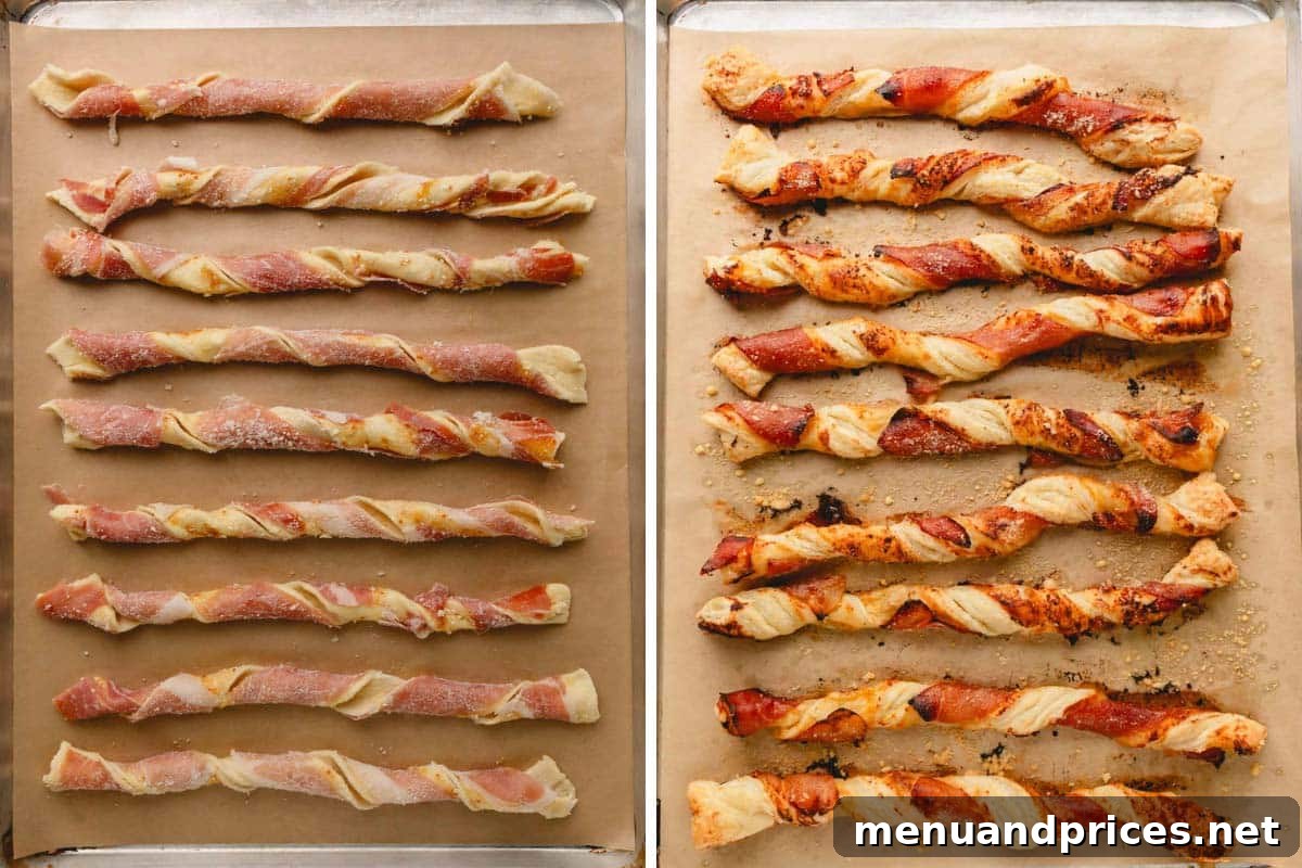 Golden Savory Spirals 9 One sheet pan of unbaked prosciutto puff pastry twists and one sheet pan of baked puff pastry twists.