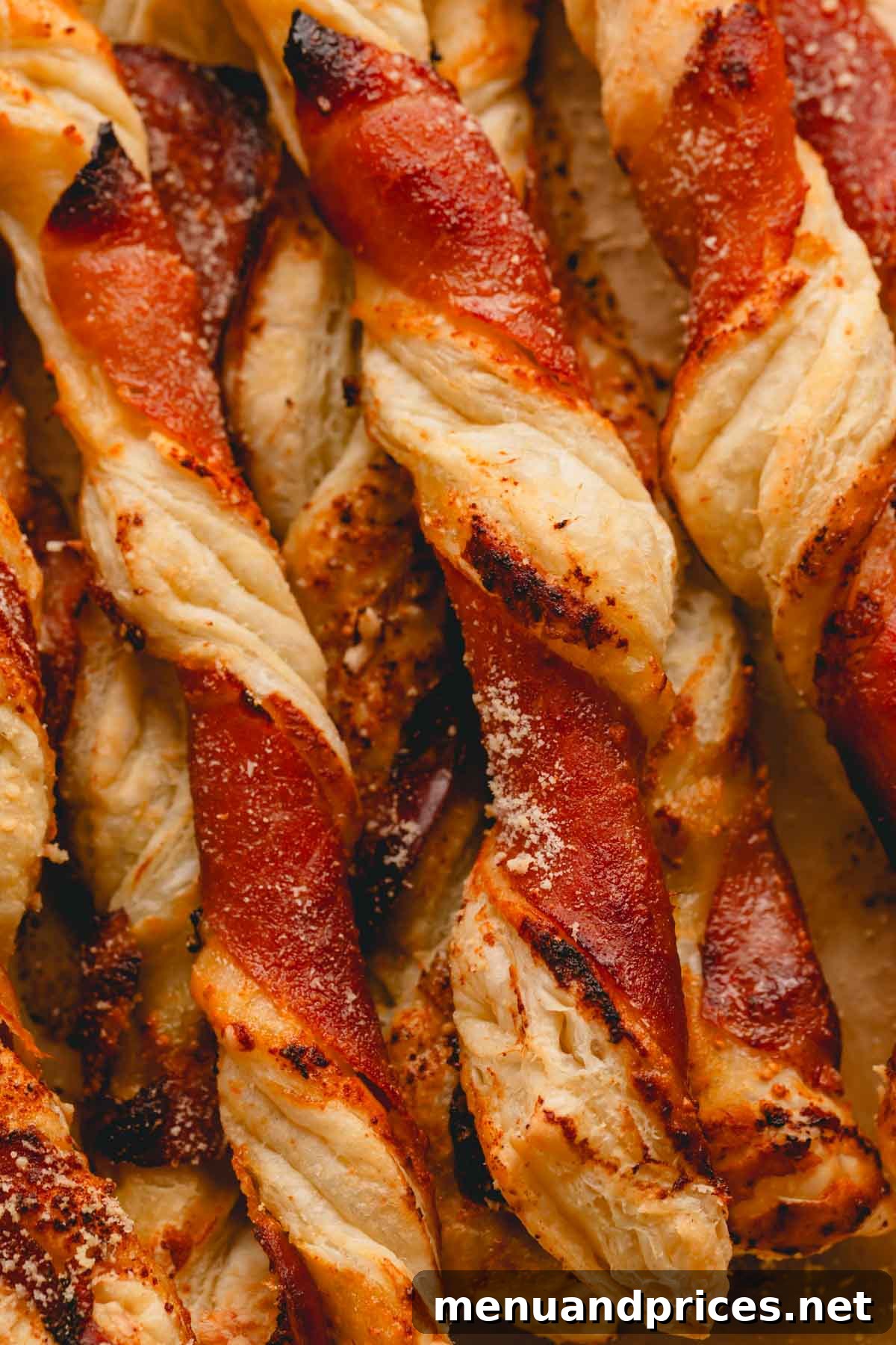 Golden Savory Spirals 10 Puff pastry twists with apricot jam, prosciutto, and parmesan cheese.