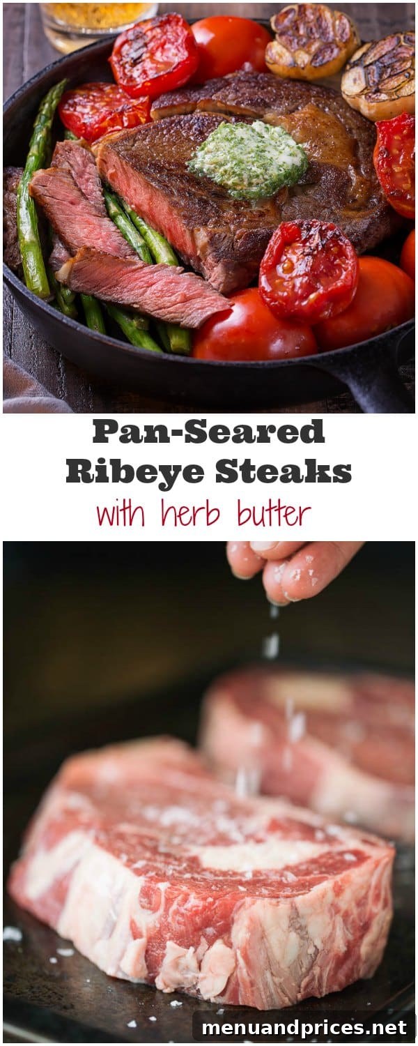 Perfectly pan-seared ribeye steaks ready to be served, topped with melting aromatic herb butter for an exquisite flavor.