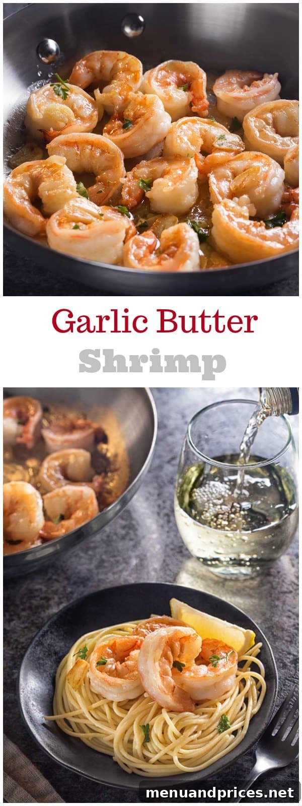 Plump, succulent garlic butter shrimp served in a skillet, ready to eat, highlighting its quick and easy preparation as a weeknight meal.