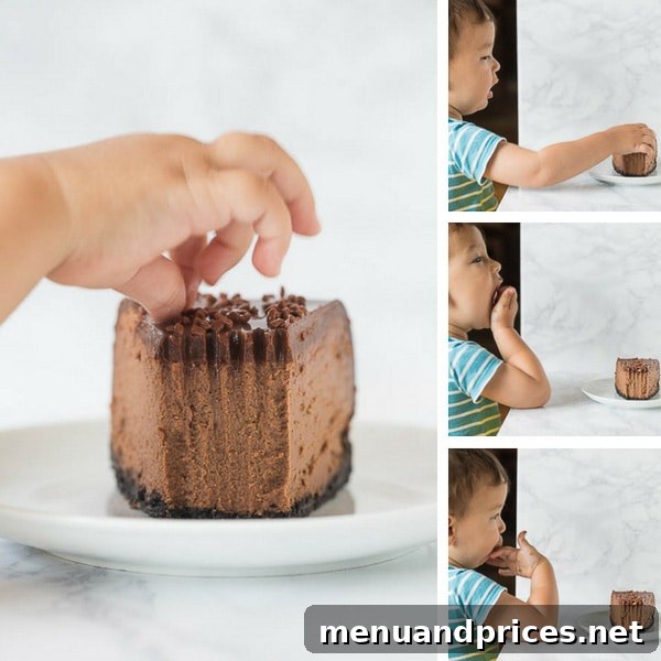 Culinary Chaos with a Curious Kid 7 Toddler boy Grant delightedly tasting a slice of Supreme Chocolate Cheesecake during a food photoshoot, approving the deliciousness