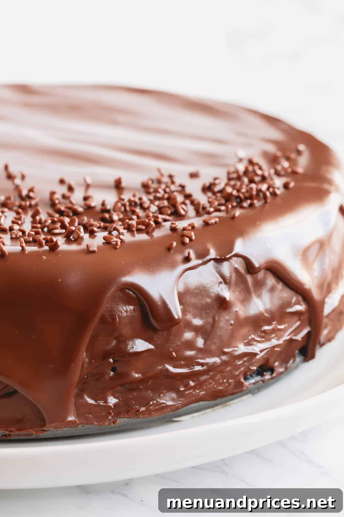 Velvet Chocolate Heaven Cheesecake 11 A stunning supreme chocolate cheesecake adorned with a glossy chocolate ganache topping, ready to be served.