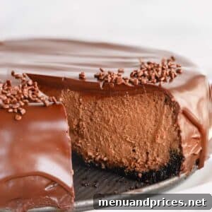 Velvet Chocolate Heaven Cheesecake 13 Supreme chocolate cheesecake with a slice missing, showcasing layers.