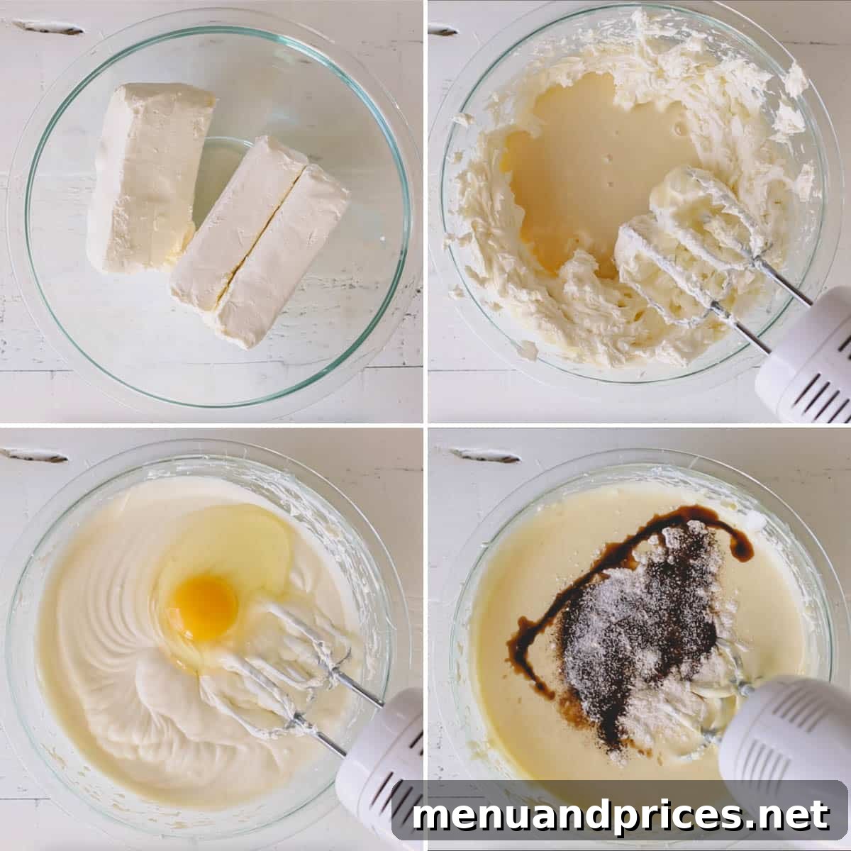 Velvet Chocolate Heaven Cheesecake 6 Four sequential images demonstrating the process of mixing chocolate cheesecake batter, showing ingredients being added and combined.