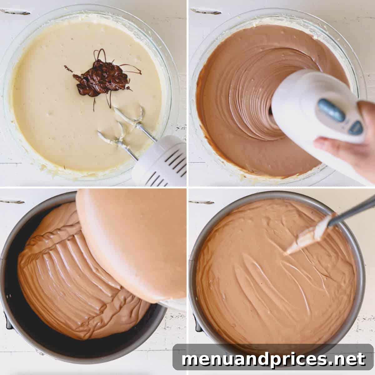 Velvet Chocolate Heaven Cheesecake 7 Thick chocolate cheesecake filling being poured into a pre-baked Oreo crust in a springform pan.