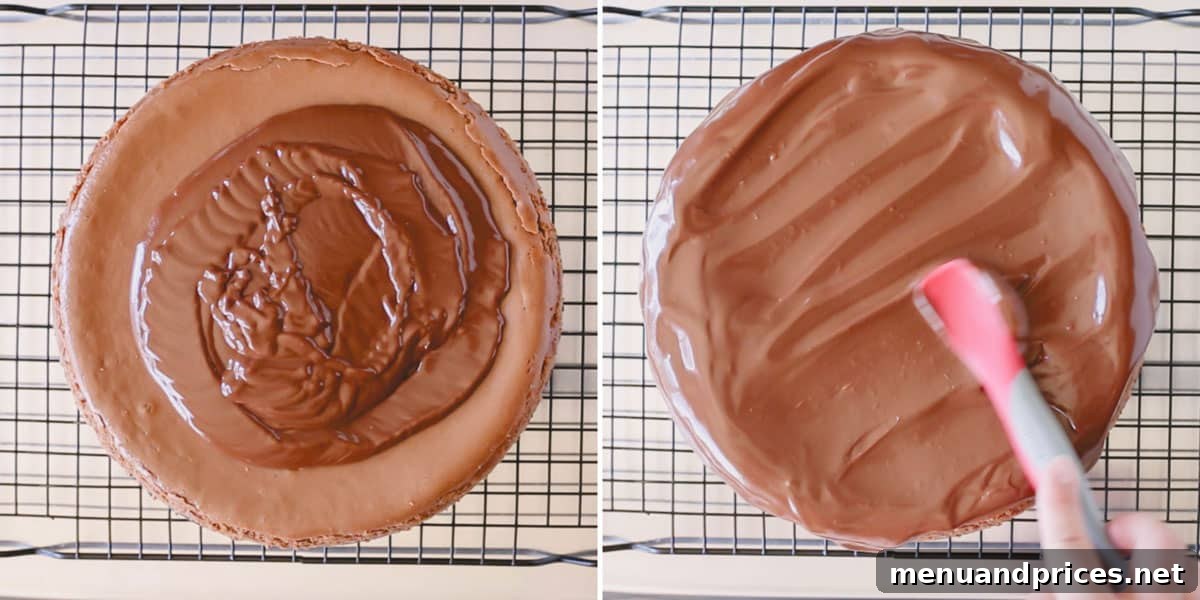 Velvet Chocolate Heaven Cheesecake 10 Luxurious chocolate ganache being smoothly spread over the top of a supreme chocolate cheesecake.