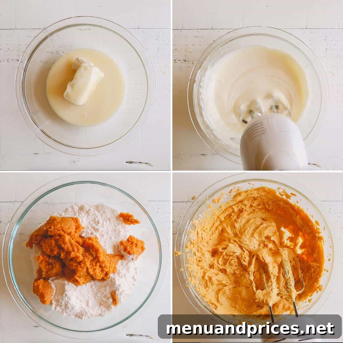 Cheesecake Swirl Pumpkin Muffins 4 A 4-image collage showing the process of mixing pumpkin muffin batter and cream cheese swirl.