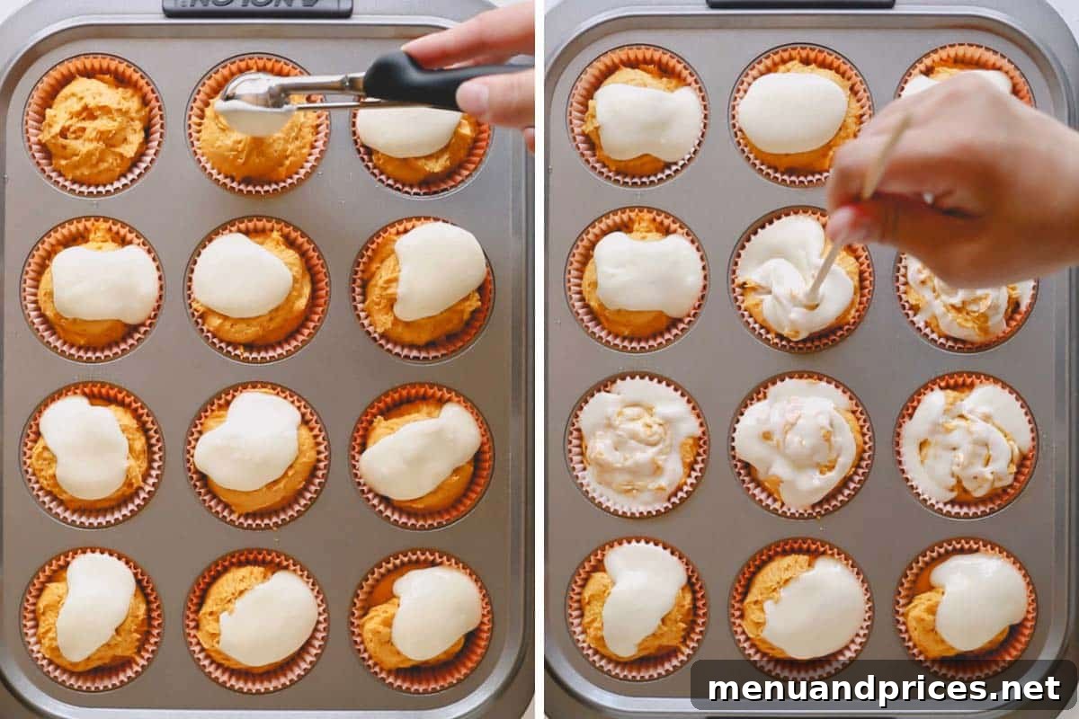 Cheesecake Swirl Pumpkin Muffins 5 Pumpkin muffin batter divided into 12 cupcake pan cavities, topped with cream cheese mixture.