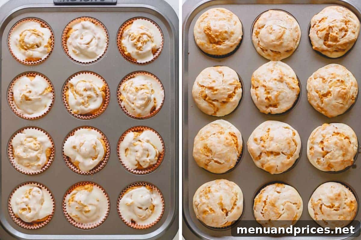 Cheesecake Swirl Pumpkin Muffins 6 A side-by-side comparison of pumpkin cheesecake muffins before and after baking.