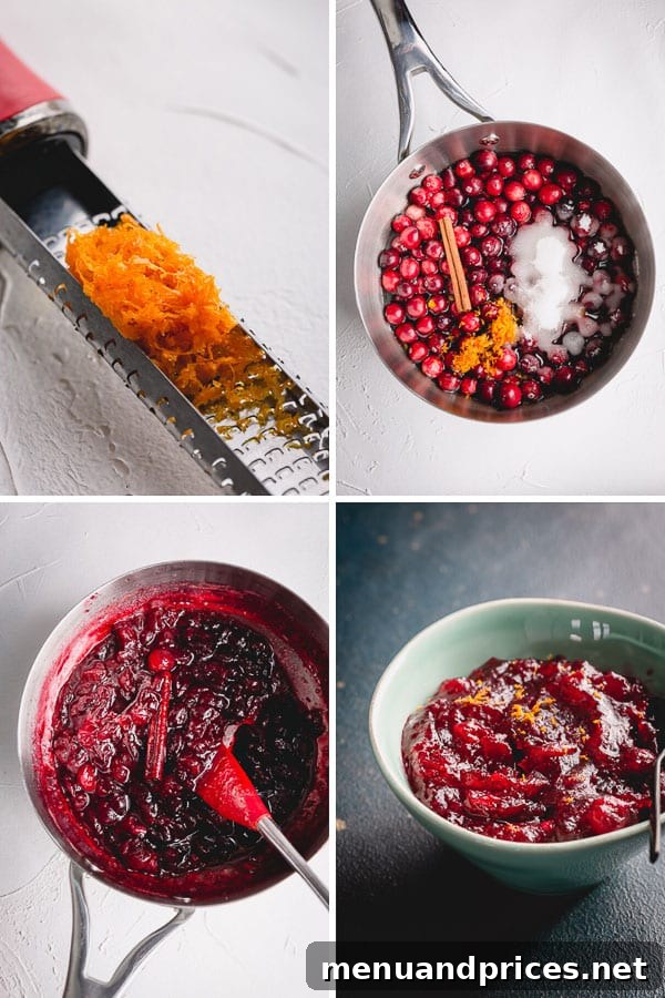 Zesty Orange Cranberry Sauce 5 A series of step-by-step photos showing the process of making orange cranberry sauce, from combining ingredients to simmering.