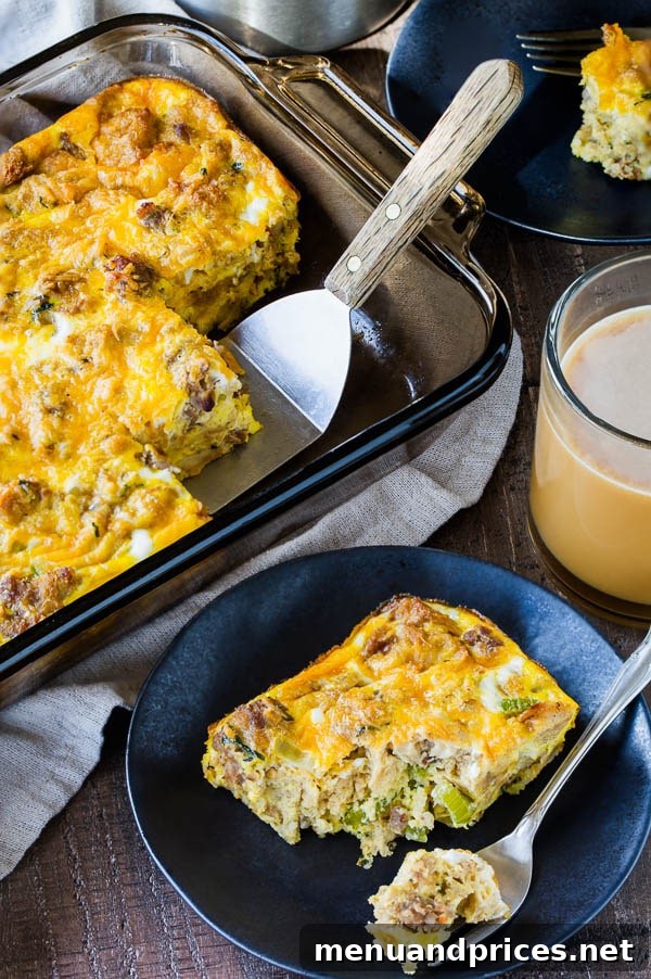 Post-Feast Stuffing Breakfast Bake 6 A baking dish of leftover stuffing breakfast casserole and a perfectly sliced portion served on a white plate, garnished and ready to eat.