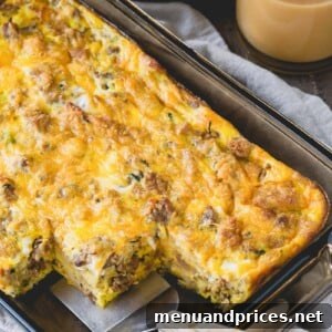 Leftover stuffing breakfast sausage casserole in a baking dish, a golden-brown and savory meal.