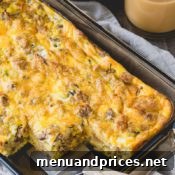 Leftover stuffing breakfast sausage casserole in a baking dish.