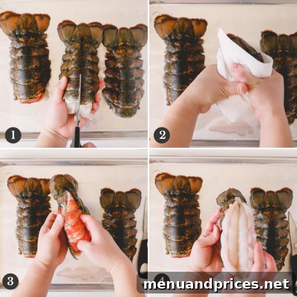 Perfectly Baked Lobster Tails 3 A hand gently removing and lifting the butterflied lobster meat from its shell, showcasing the preparation process.