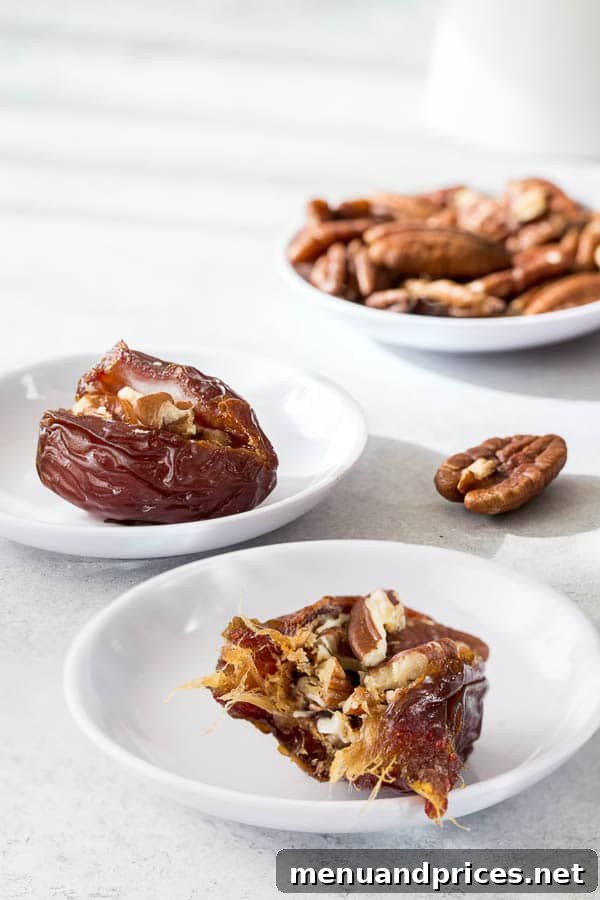 Warm Stuffed Date Delights 3 Roasted stuffed dates on elegant plates, with a small bowl of pecans beside them.