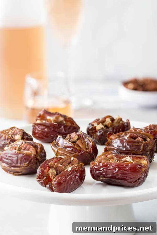 Warm Stuffed Date Delights 4 Roasted stuffed dates with creamy filling on a serving plate.