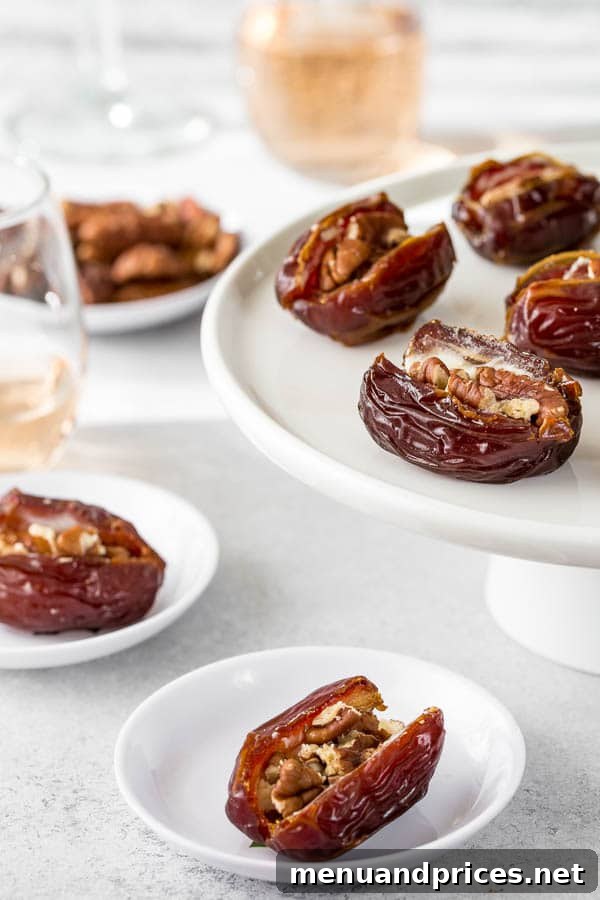 Warm Stuffed Date Delights 5 Plates of roasted stuffed dates with cream cheese and nuts, ready for a gathering.