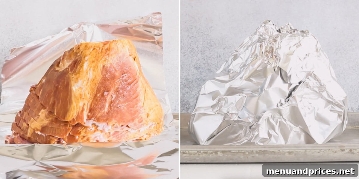 Two side-by-side images showing a spiral ham on foil sheets and then wrapped securely in foil, ready for roasting.