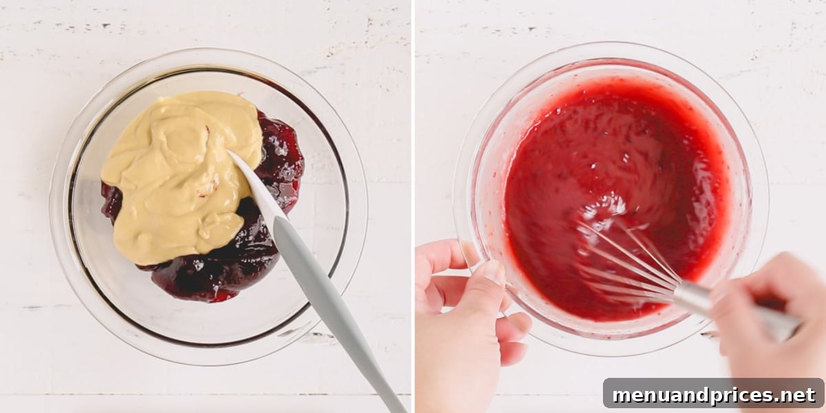 Side-by-side images showing raspberry jelly and Dijon mustard in a bowl, followed by the mixture being whisked until smooth.