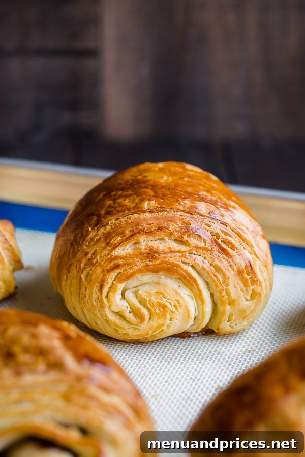 A close-up of a freshly baked Pain au Chocolat, showcasing its beautiful golden-brown color, incredibly flaky exterior, and enticing layers, irresistibly ready to be devoured. #painauchocolat #homemadechocolatecroissant #croissant
