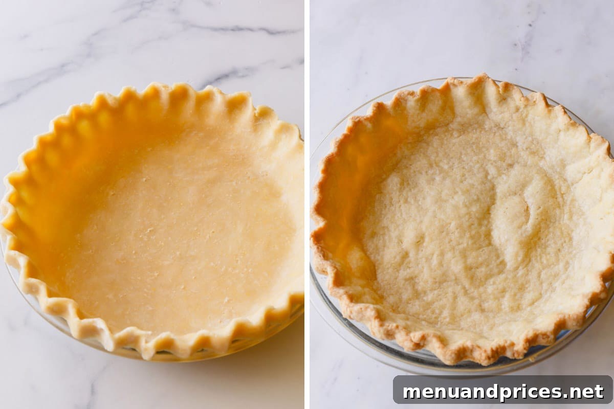 Luscious Banana Dream Pie 5 Side-by-side comparison of pie crust in a pie dish before and after blind baking, showing the transformation to golden brown.