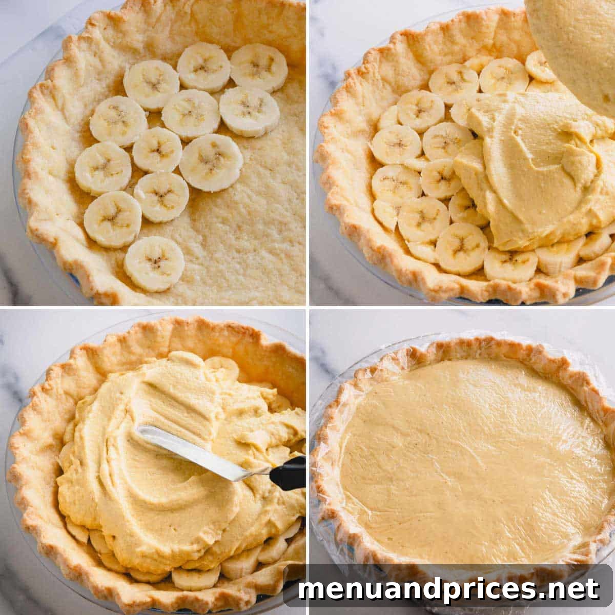 Luscious Banana Dream Pie 7 A collage of four images showing the step-by-step assembly of banana cream pie: crust, banana layer, pudding layer, and the pie chilling.