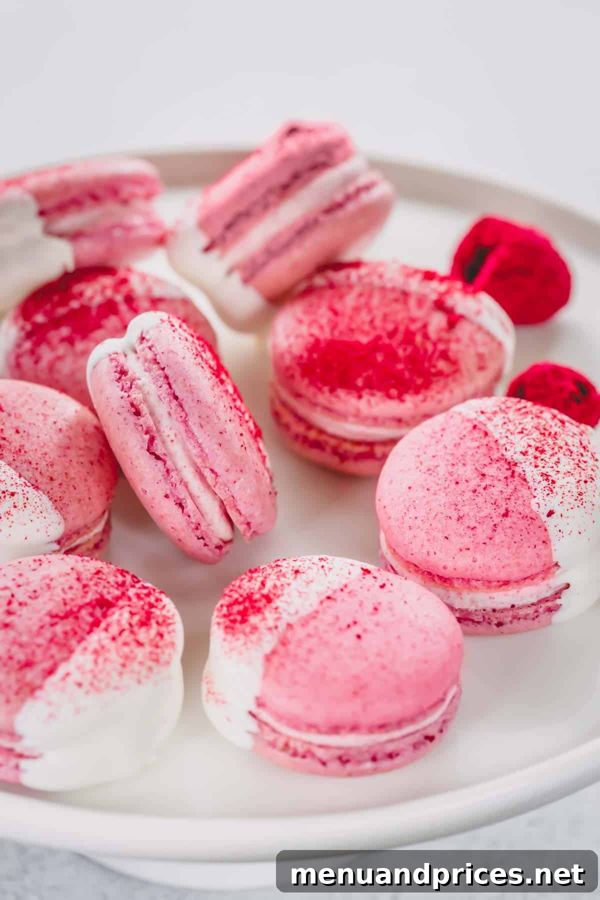 White chocolate dipped raspberry macarons arranged on a white platter.