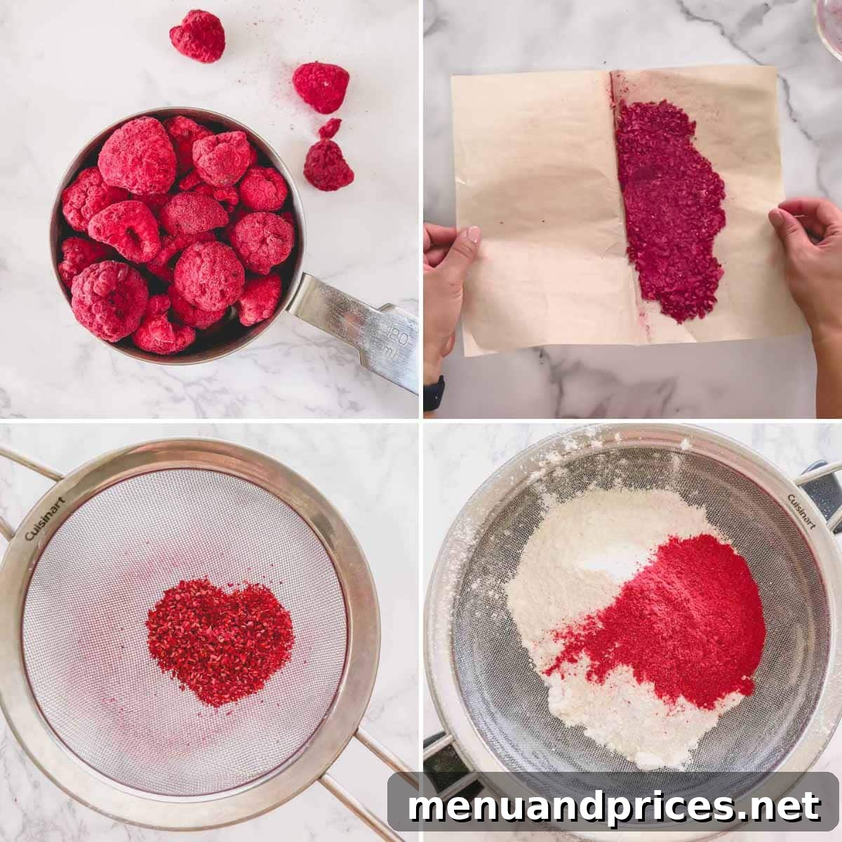 Step by step photos of crushing freeze-dried raspberries and sifting dry ingredients.
