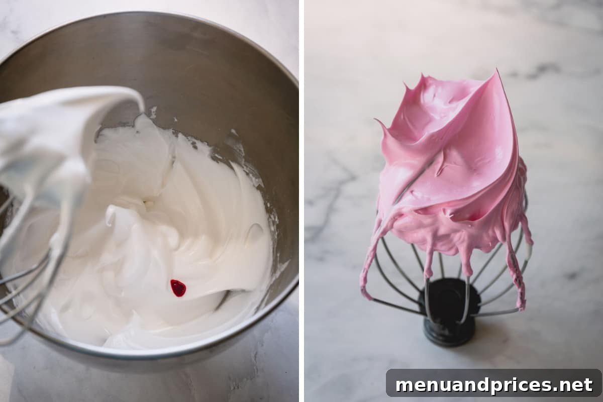 Side by side image of soft peak and stiff peak meringue.