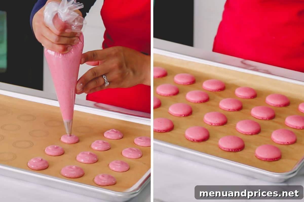 Side by side images of piping macaron shells and baked macaron shells on a baking sheet.