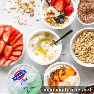 A collection of sweet and savory yogurt bowl ideas for a healthy breakfast or an afternoon snack, demonstrating the ultimate yogurt bar concept.