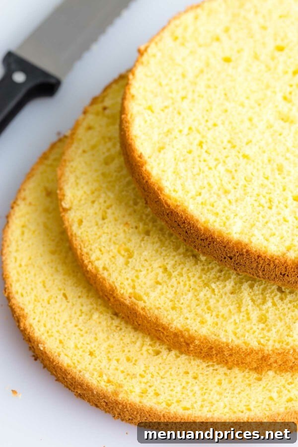 Three perfectly sliced layers of plain sponge cake stacked, showcasing their even thickness and readiness for assembly.