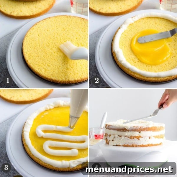 Four step-by-step photos illustrating the process of assembling the cake layers, showing how to apply syrup, create a buttercream dam, add lemon curd, and spread frosting.