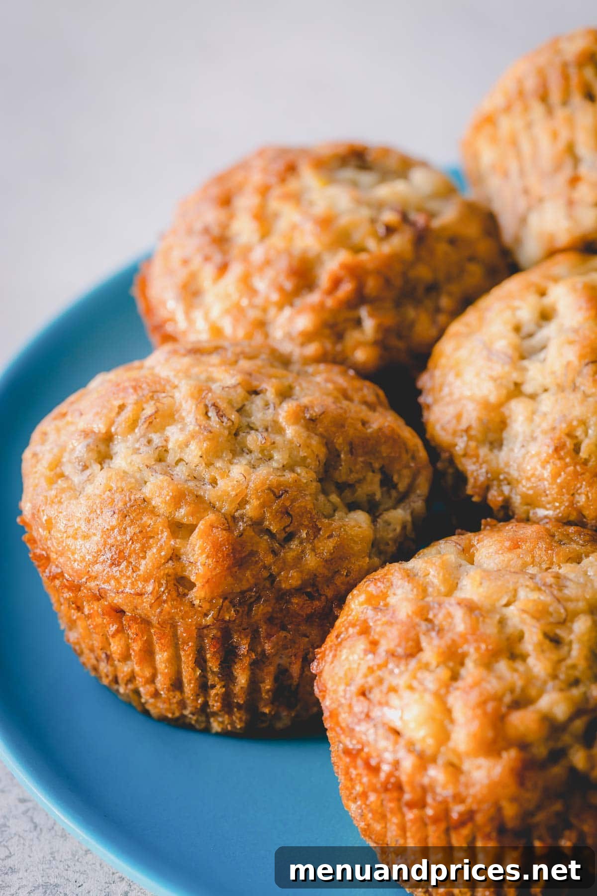 Deliciously Simple Banana Muffins 2 Golden-brown banana muffins arranged beautifully on a blue plate, highlighting their soft texture and appealing presentation. They are ready to be enjoyed.
