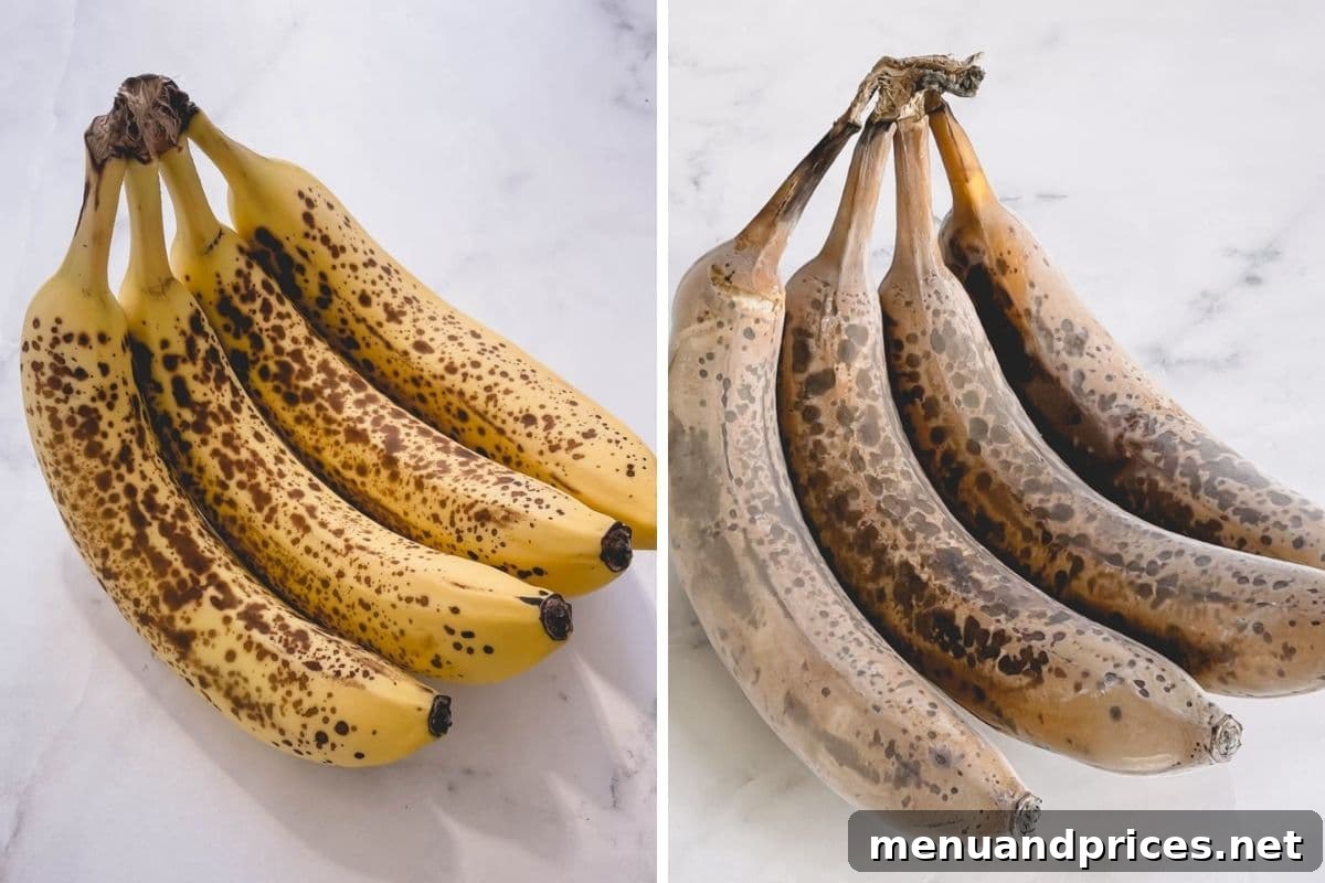 Deliciously Simple Banana Muffins 5 Side-by-side comparison image showing ripe, yellow bananas with brown spots next to dark, fully frozen bananas, illustrating the ideal stage for freezing.