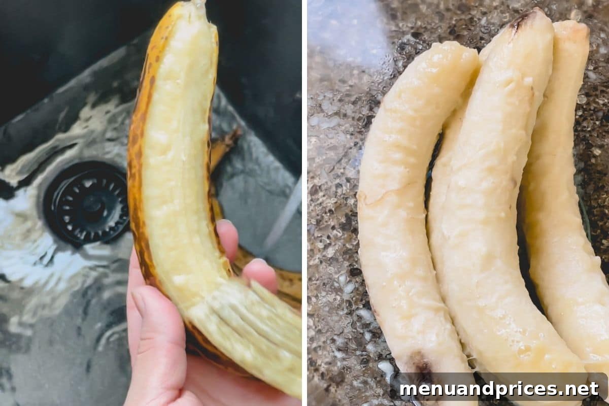 Deliciously Simple Banana Muffins 6 A visual guide demonstrating the process of peeling frozen bananas after a quick thaw under hot water, highlighting the retention of liquid.