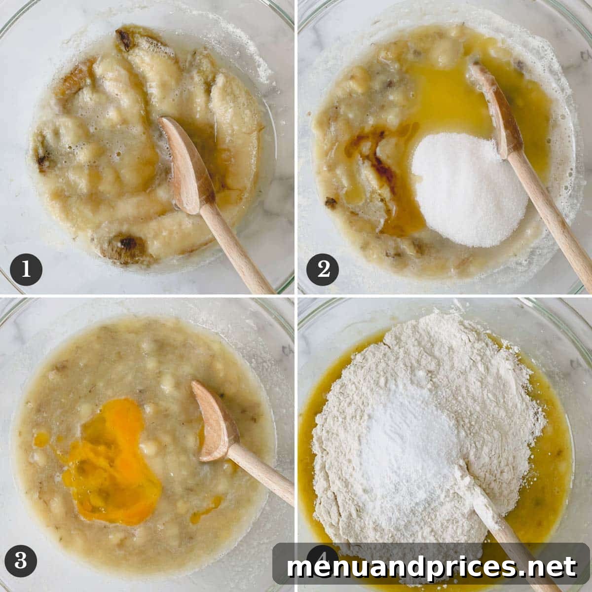 Deliciously Simple Banana Muffins 7 Step-by-step photographs showing the simple mixing process for the banana muffin batter in a single large bowl.