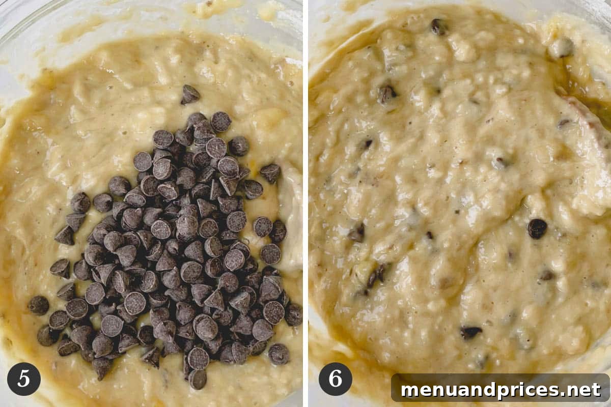 Deliciously Simple Banana Muffins 8 Close-up of banana muffin batter mixed with decadent chocolate chips, showcasing the readiness for baking.