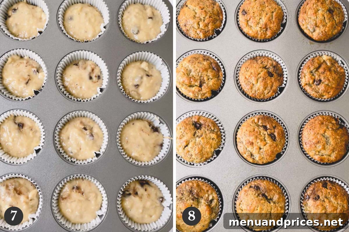 Deliciously Simple Banana Muffins 9 A muffin pan showcasing raw banana chocolate chip muffin batter in some cups, next to perfectly baked, golden-brown muffins in others.