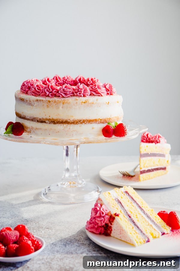 Top-down view of the beautifully decorated raspberry cake, a perfect dessert centerpiece.